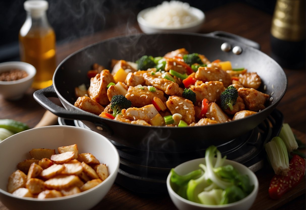 A wok sizzles with 3 cups of Chinese chicken recipe ingredients. Soy sauce, ginger, and garlic fill the air