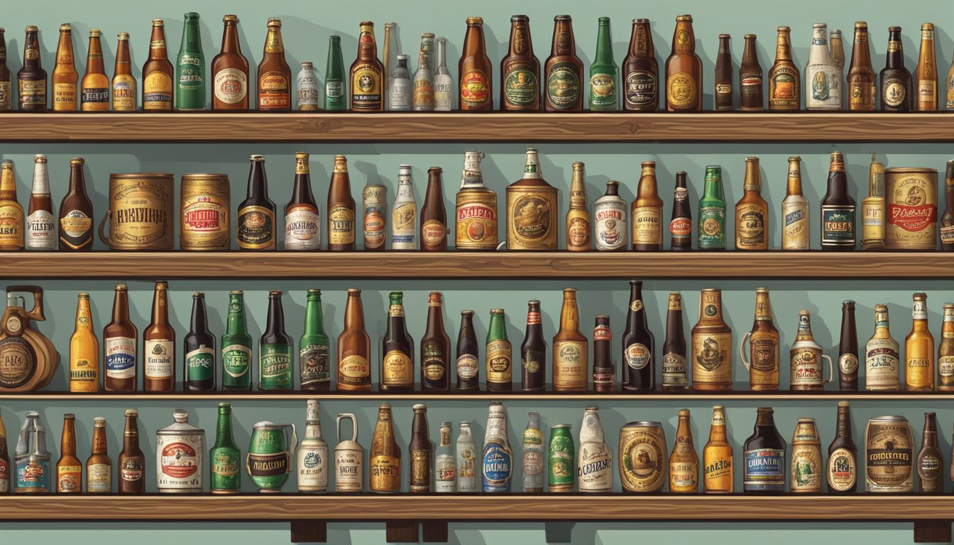 A row of historic beer brands displayed on wooden shelves, surrounded by traditional brewing equipment and vintage beer advertisements