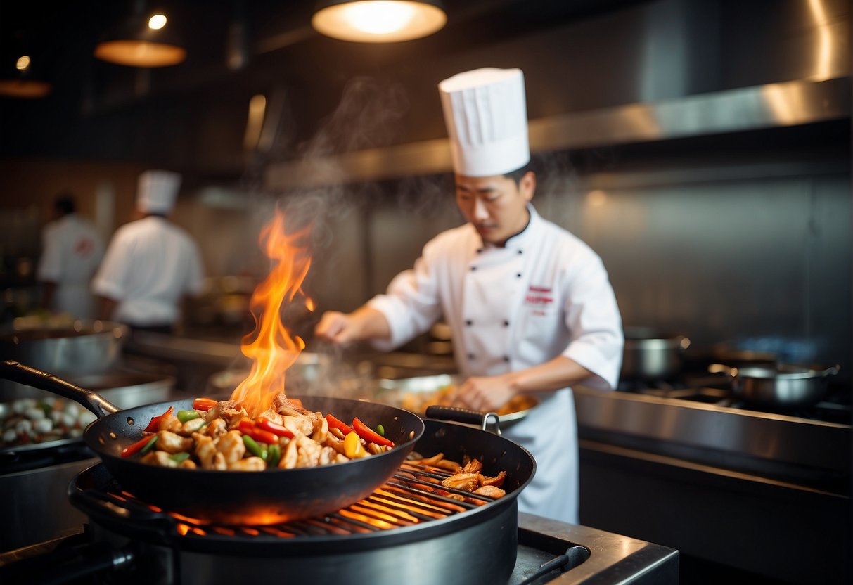 A wok sizzles over high heat, as a chef tosses marinated chicken with aromatic Chinese spices and sauces, creating a mouthwatering aroma