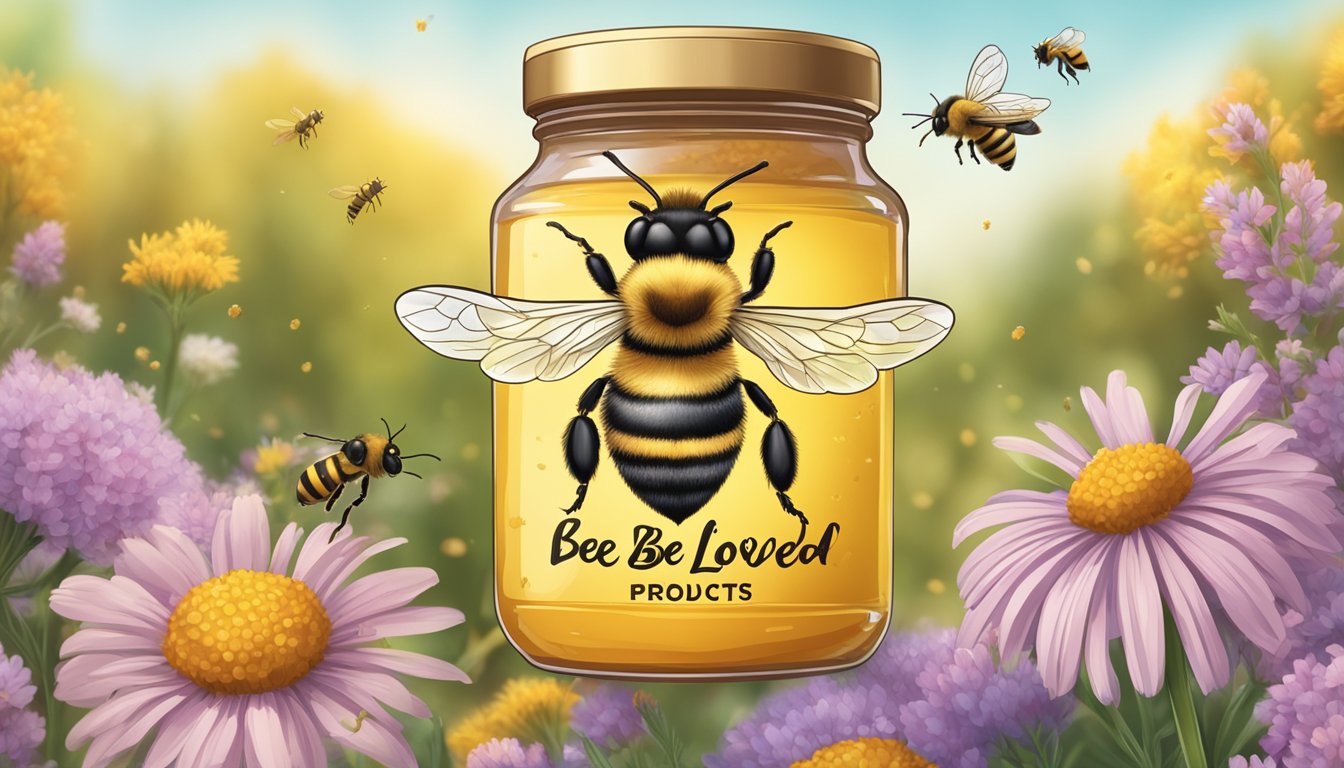 A buzzing bee hovers over a jar of honey with the label "Our Bee-loved Products bee brand." Wildflowers and honeycomb in the background