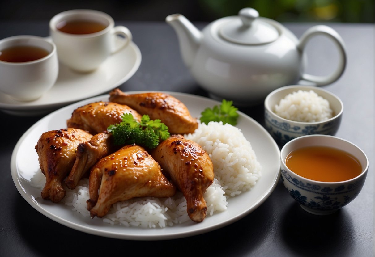 Three cups chicken dish on a round plate with chopsticks. A teapot and small cups for serving. A bowl of steamed rice on the side
