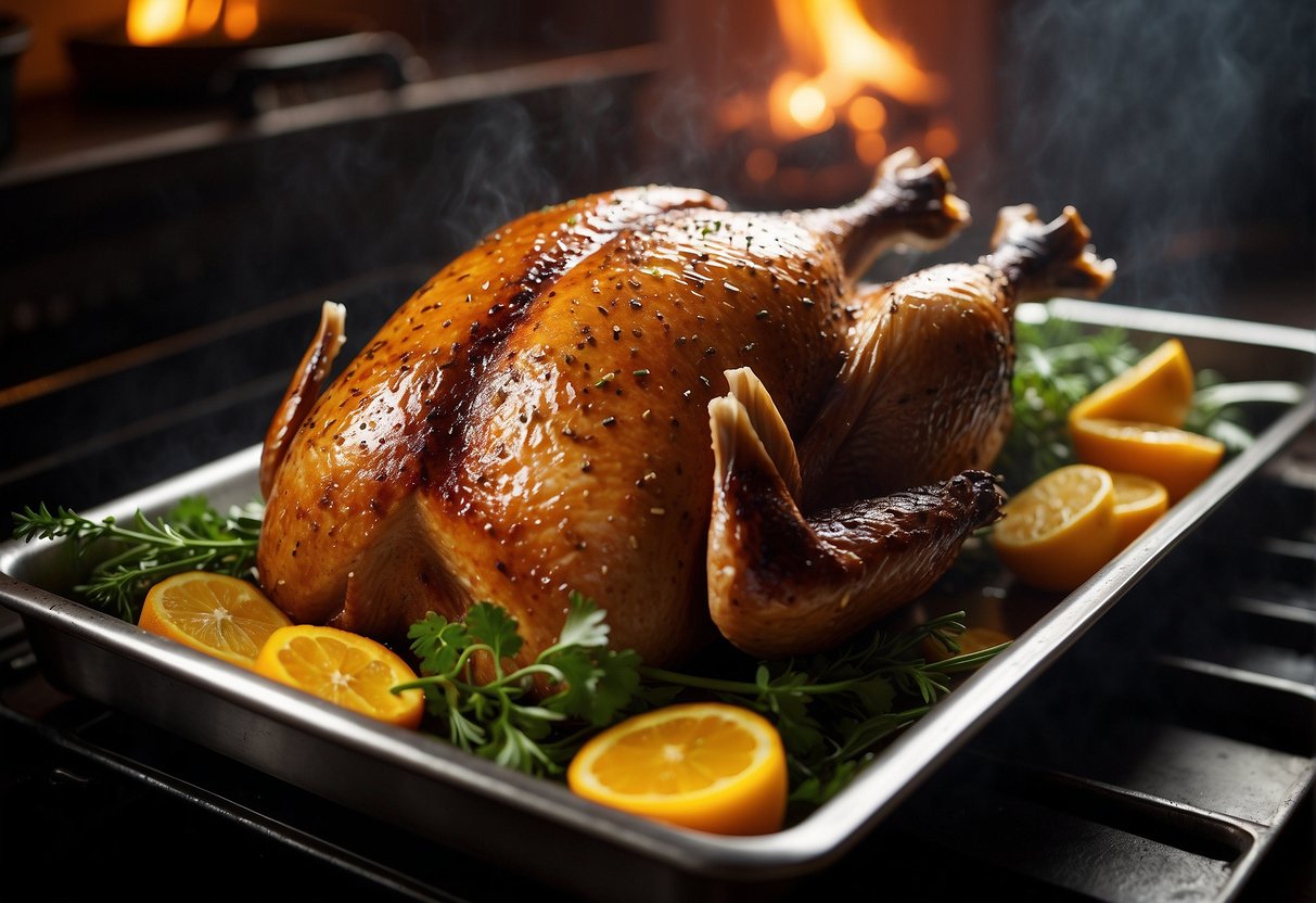 A whole roast duck sizzling in the oven, golden brown and glistening with a savory glaze. Steam rising from the crispy skin, with a platter of fresh herbs and garnishes nearby