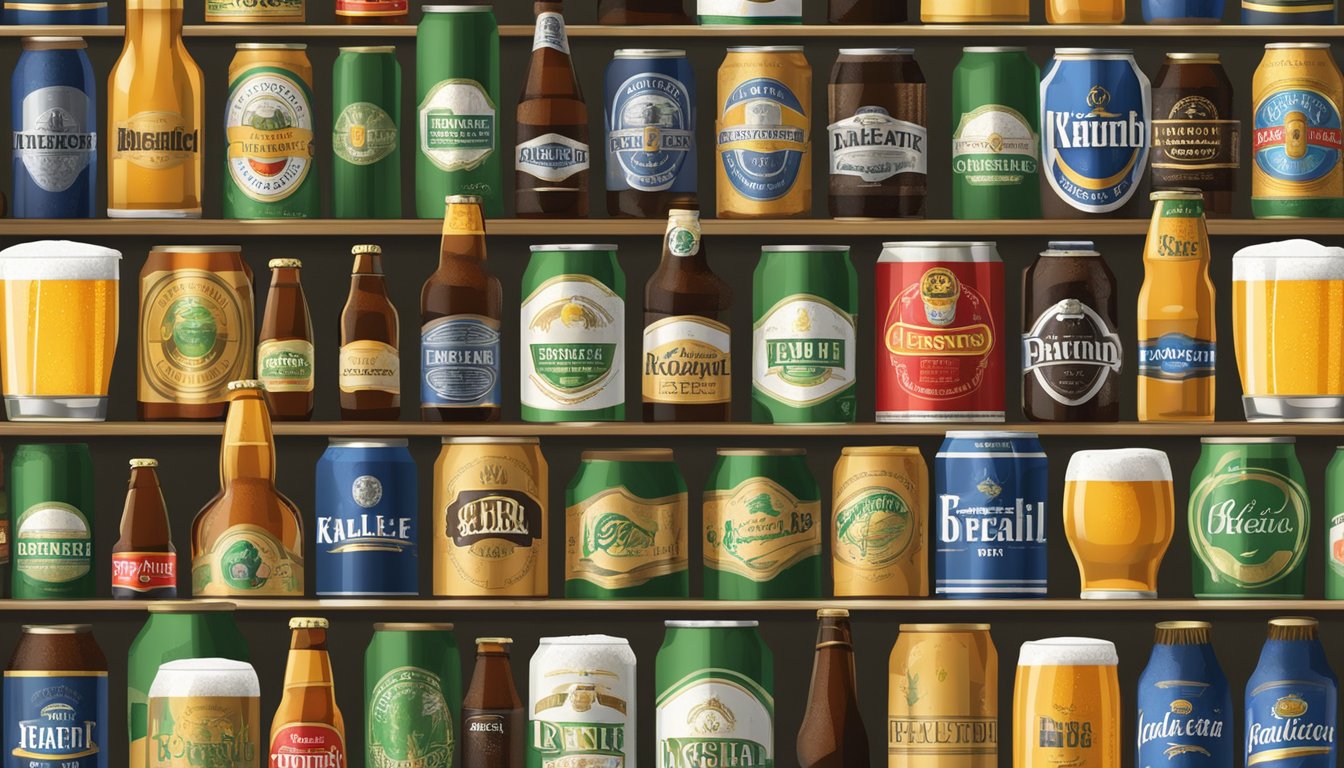 Various beer bottles and cans are arranged on a shelf, representing different types and styles of beer brands