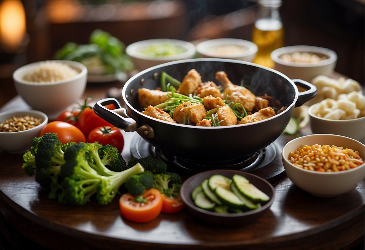 A table set with ingredients: chicken, soy sauce, ginger, garlic, and vegetables. A wok sizzling with stir-fried chicken and vegetables