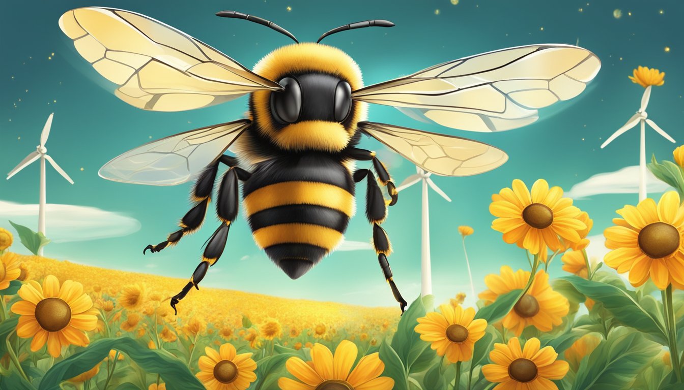 A bee collecting nectar from a vibrant, blooming flower in a field of organic crops, with a backdrop of solar panels and a wind turbine