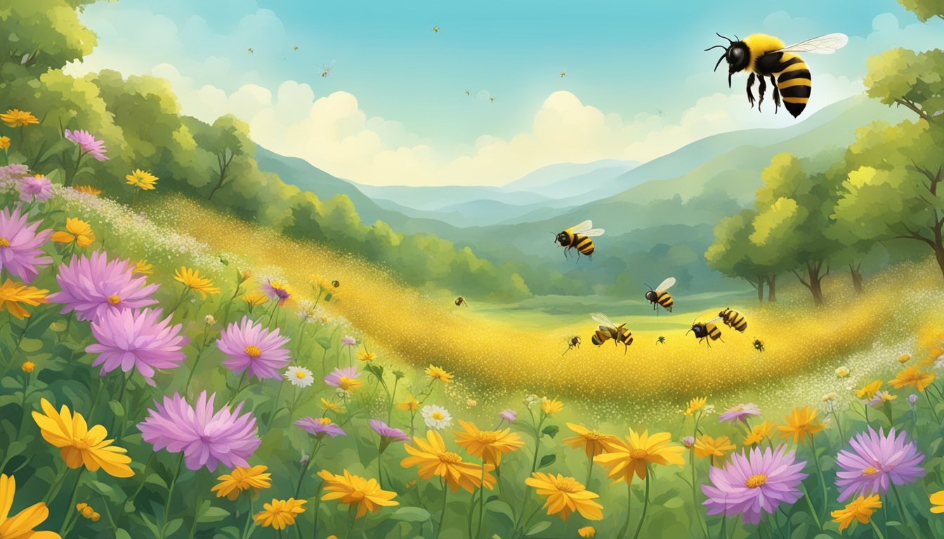 A bustling hive with bees buzzing around a vibrant, flower-filled meadow
