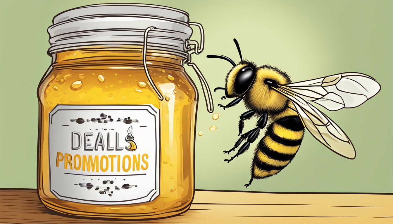 A buzzing bee hovers over a jar of honey with a "Sweet Deals and Promotions" label