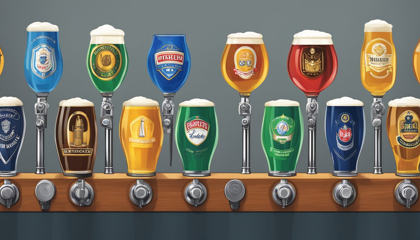 A row of iconic beer brand logos displayed on brewery taps
