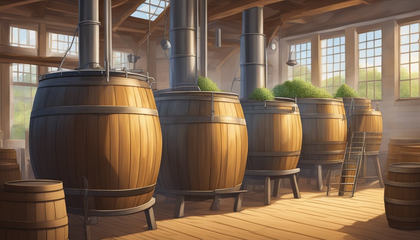 Barley and hops are poured into a large kettle. The mixture is heated and stirred. Yeast is added, and the liquid is left to ferment. Finally, the beer is transferred into barrels for aging