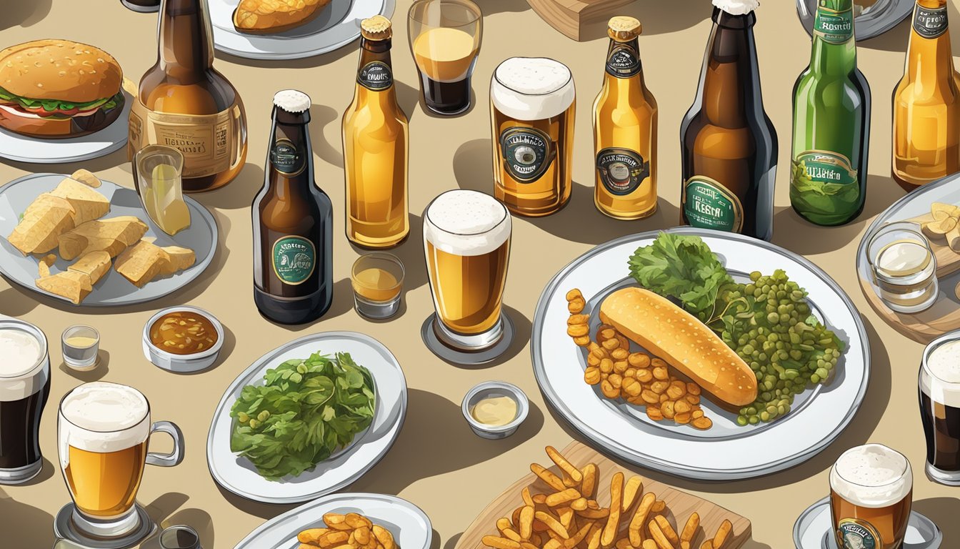 Various beer bottles and glasses arranged on a table, with a spread of different food items for pairing