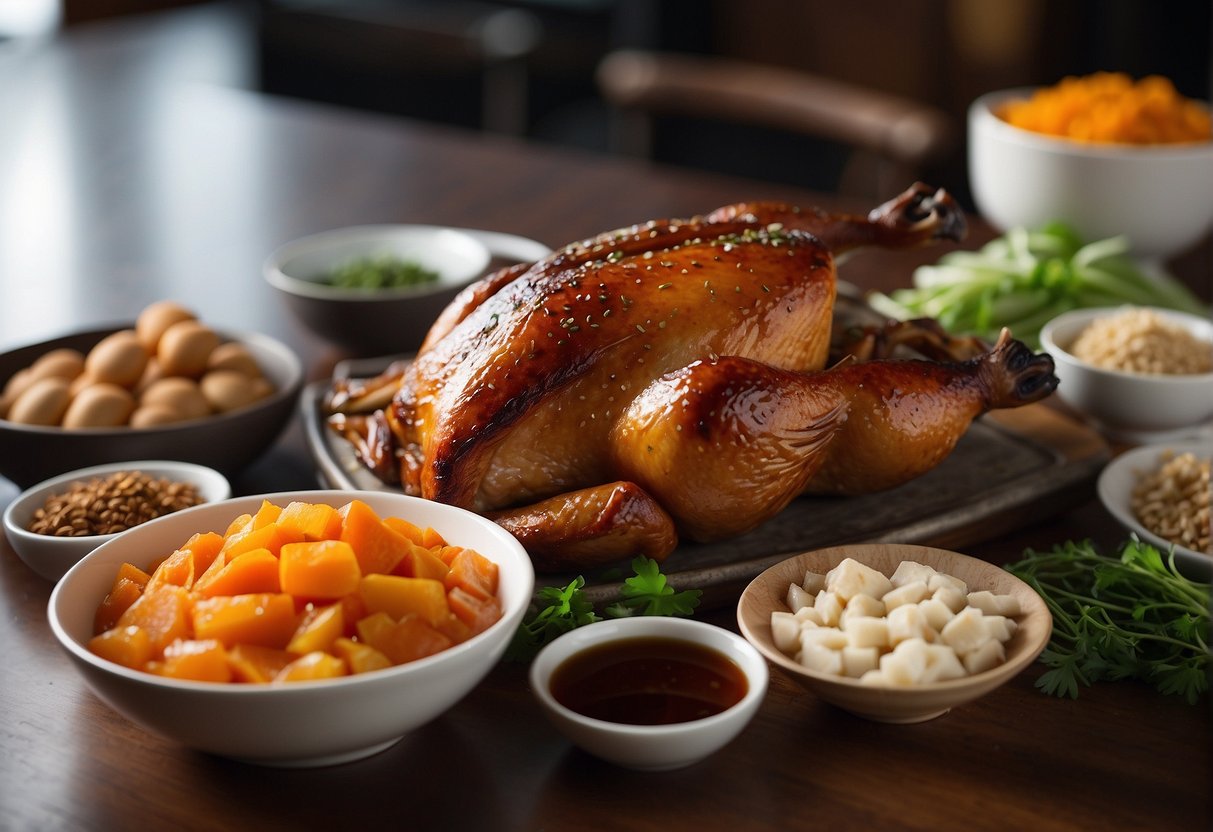 A whole Chinese roast duck surrounded by essential ingredients like five spice, ginger, garlic, and soy sauce, with possible substitutes displayed nearby