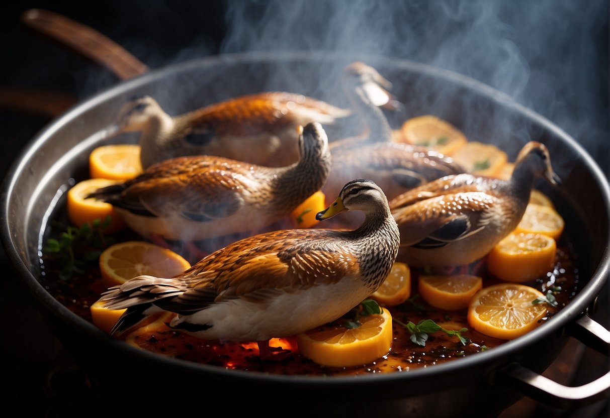 Duck rotating on a spit over open flame, aroma of five spice filling the air