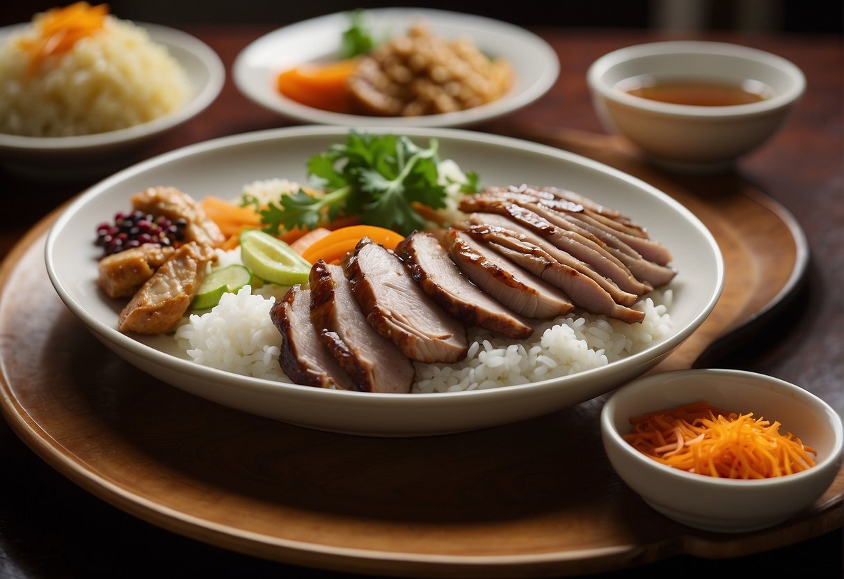 A plate of Chinese roast duck with a side of five-spice accompaniments, including pickled vegetables and steamed rice