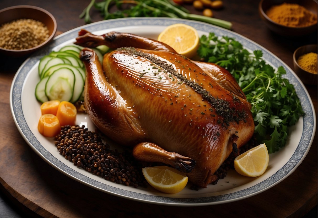 A whole Chinese roast duck is elegantly sliced and arranged on a serving platter, garnished with fresh herbs and accompanied by a side of five spice seasoning