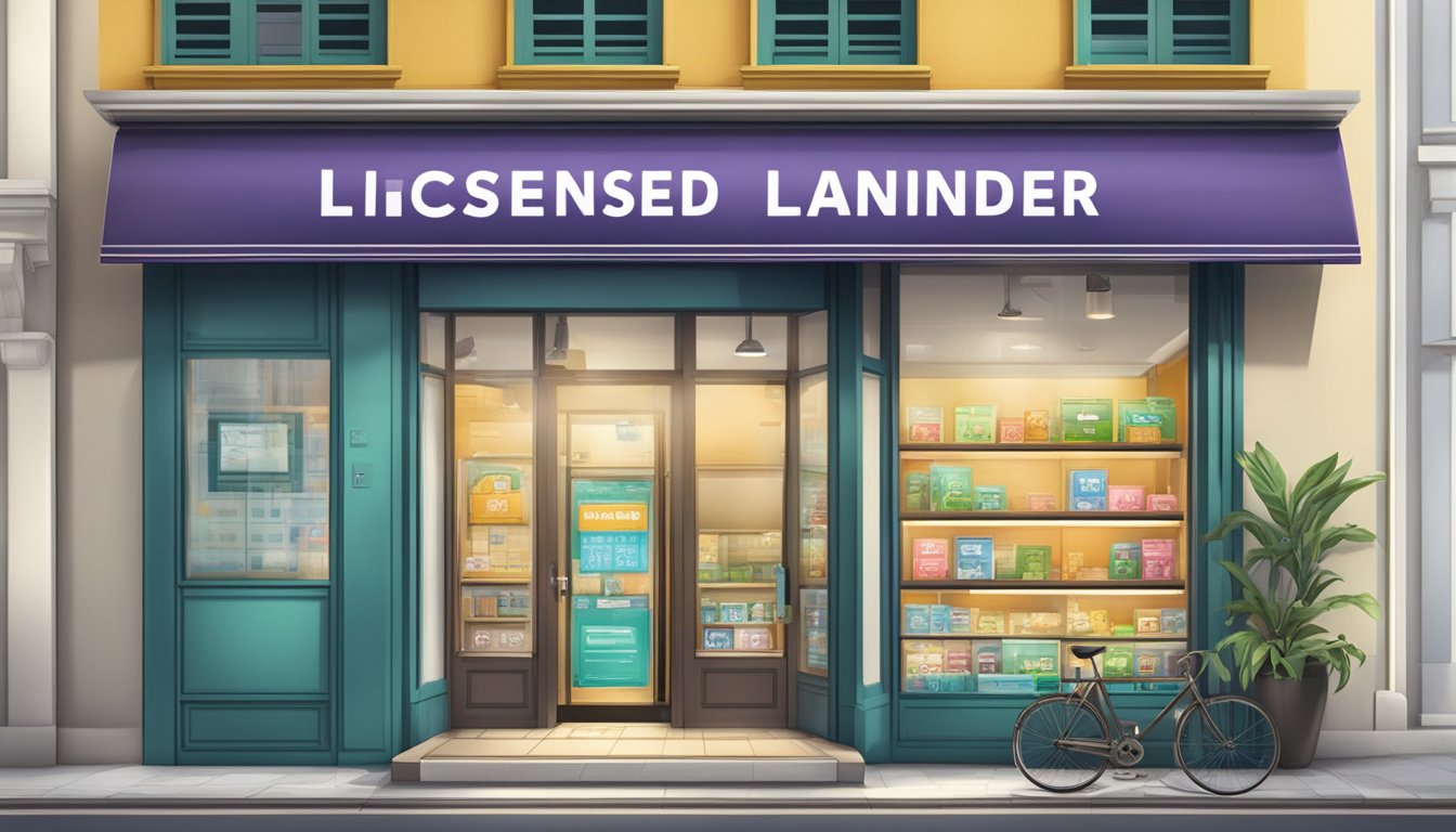 A storefront with a prominent sign reading "Licensed Moneylender" in Singapore. A helpline number is displayed prominently