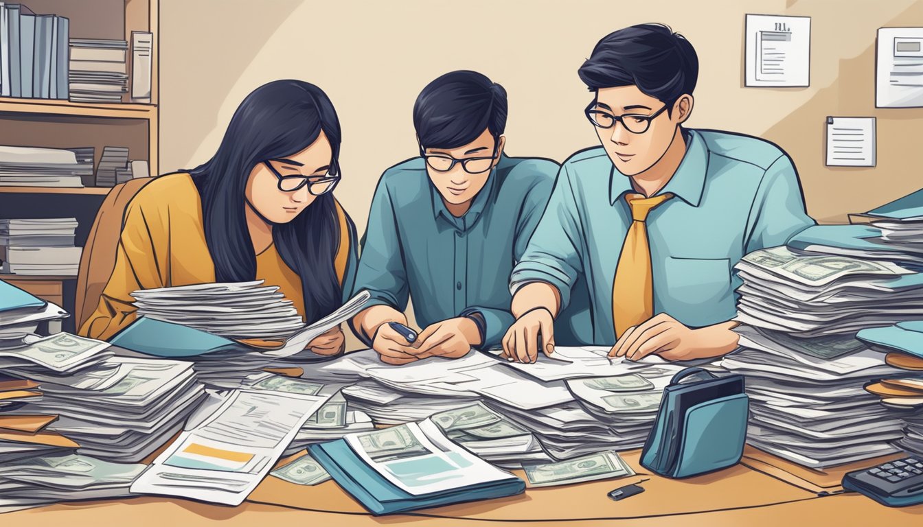 A person seeking credit counselling in Singapore, surrounded by financial documents and calculators, while a money lender offers assistance