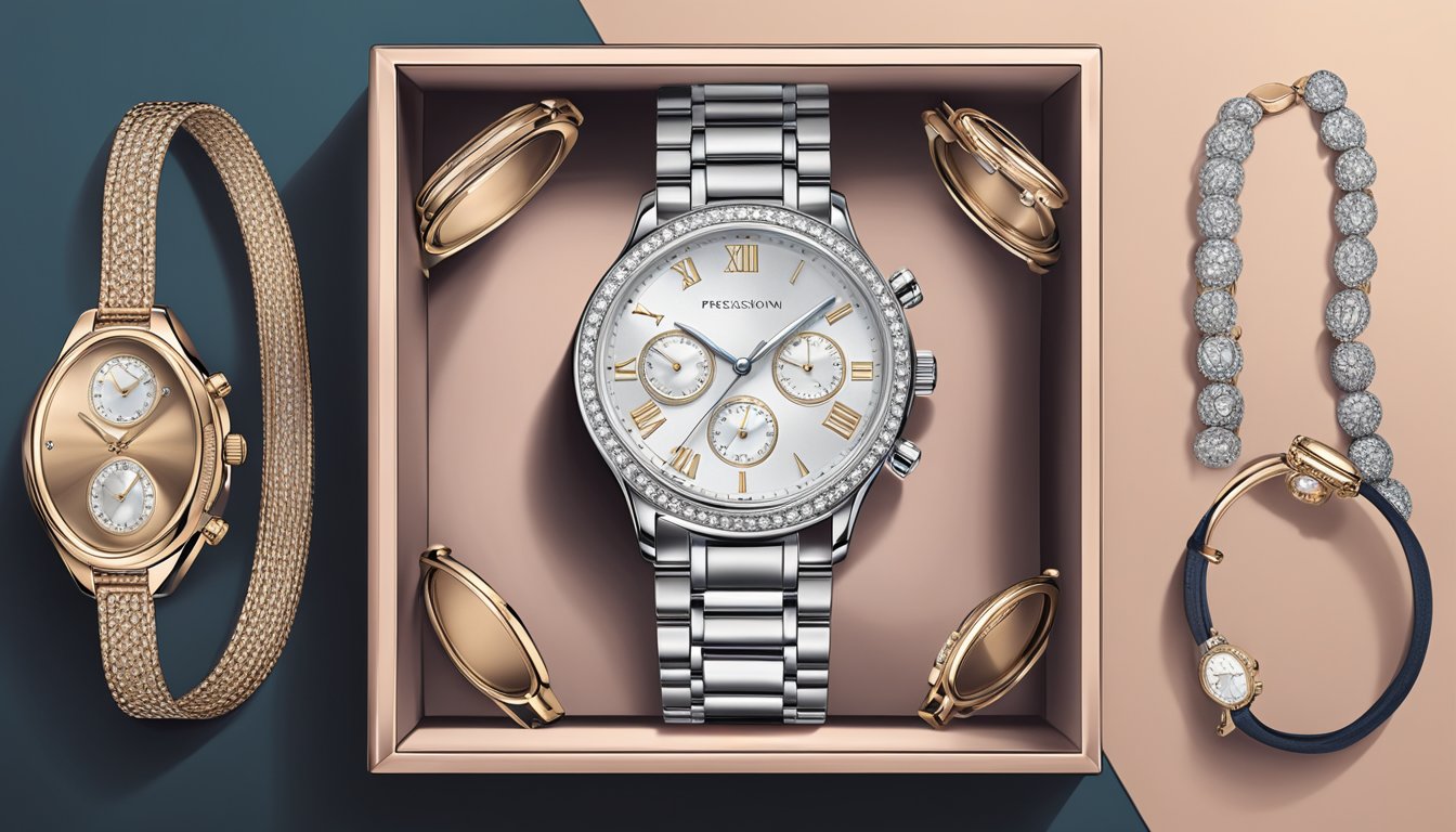 A display of elegant, branded watches for women arranged on a velvet-lined tray, catching the light and showcasing their luxurious details