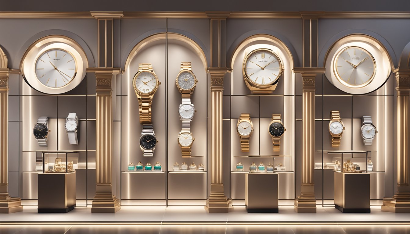 A display of elegant Luxury Brands watches for women, gleaming under soft lighting in a chic boutique setting