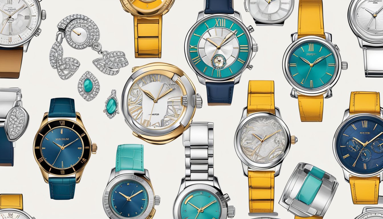 A display of elegant, modern watches in various styles and designs for women. Bold colors, sleek metal bands, and intricate details showcase the brand's diverse collection