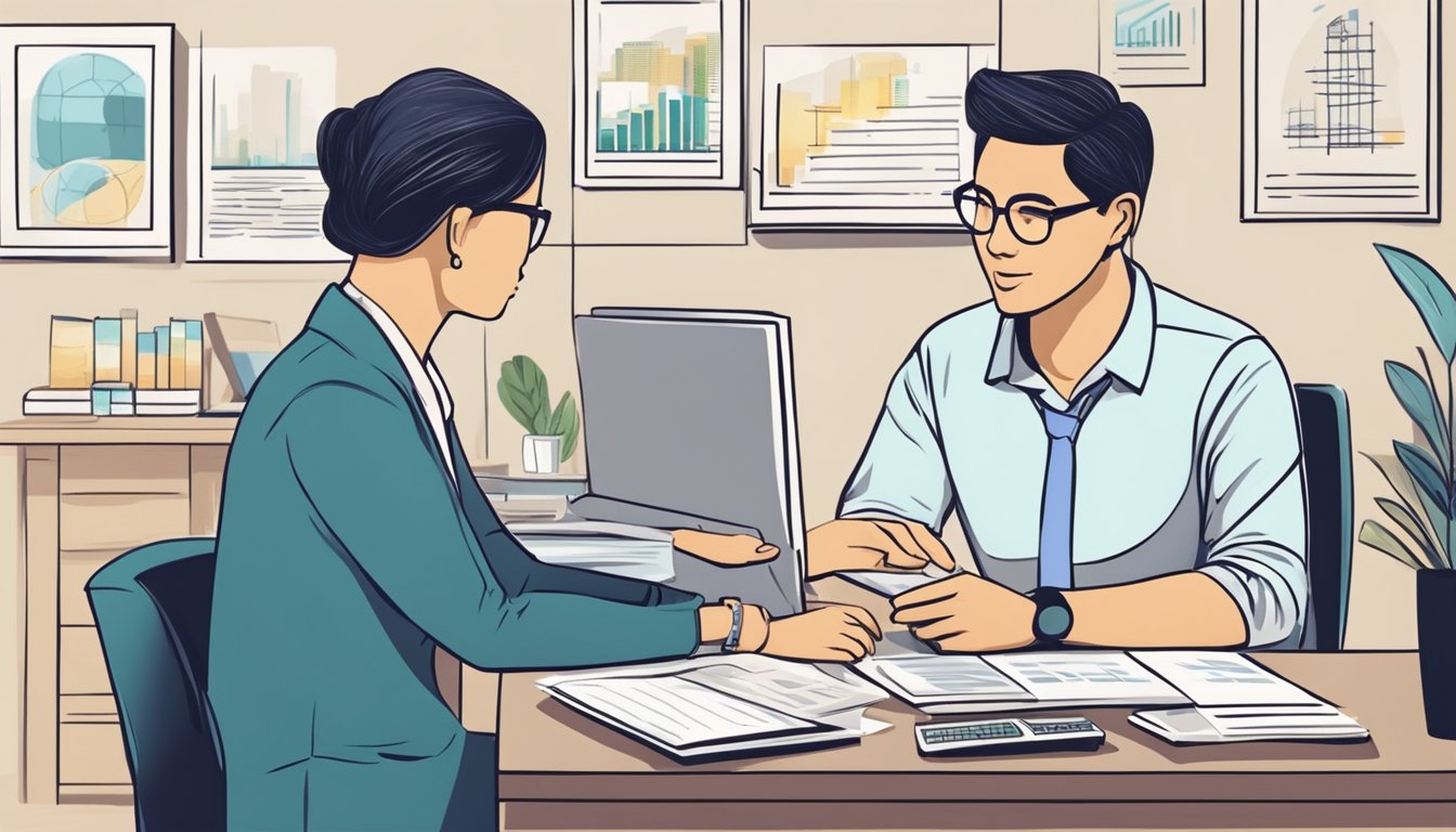 A person receiving financial advice from a credit counselor in Singapore, while discussing long-term financial planning and potential money lending options