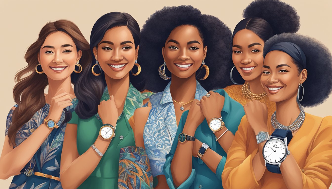 A group of women from diverse cultural backgrounds proudly wear branded watches, symbolizing the cultural impact and influence of the brand's ambassadors