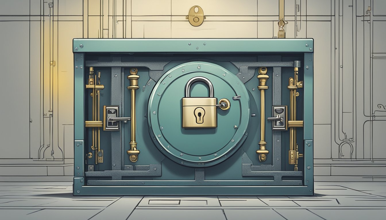 A secure vault with a padlock and key, surrounded by a shield and lock symbol, representing the protection of personal information by a licensed money lender in Singapore