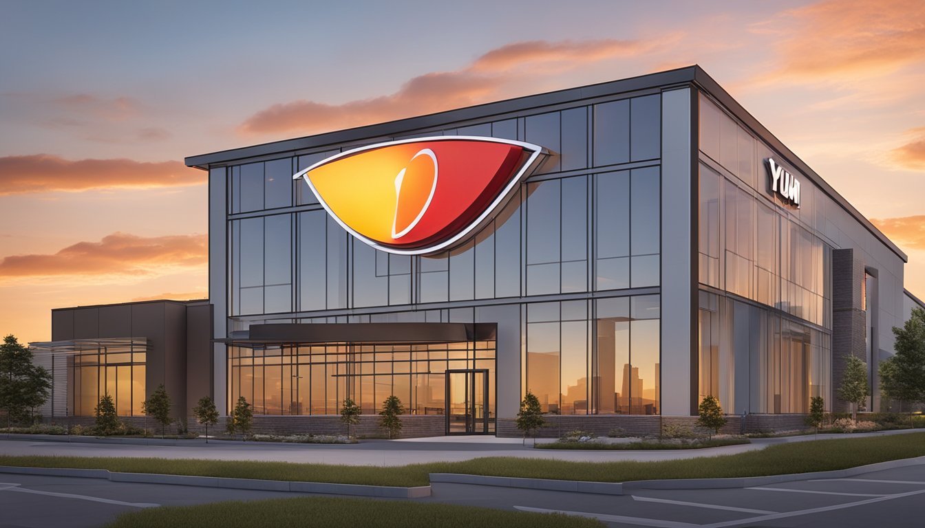 The Yum Brands logo stands proudly atop a modern office building, with the sun setting in the background, casting a warm glow over the scene