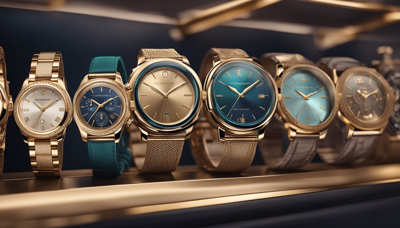 A display of elegant branded watches for women, arranged on a velvet-lined shelf, with soft lighting highlighting their intricate designs and luxurious details