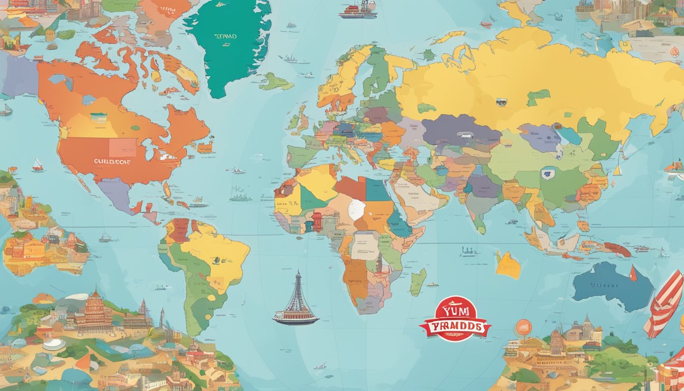 The scene depicts a world map with prominent Yum Brands locations highlighted in various countries. The iconic Yum Brands logo is prominently displayed in the center of the map