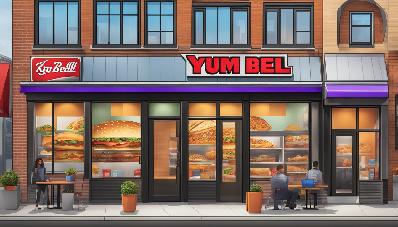 The scene shows the logos of Yum Brands' various divisions, including KFC, Taco Bell, and Pizza Hut, displayed prominently on a modern, sleek storefront