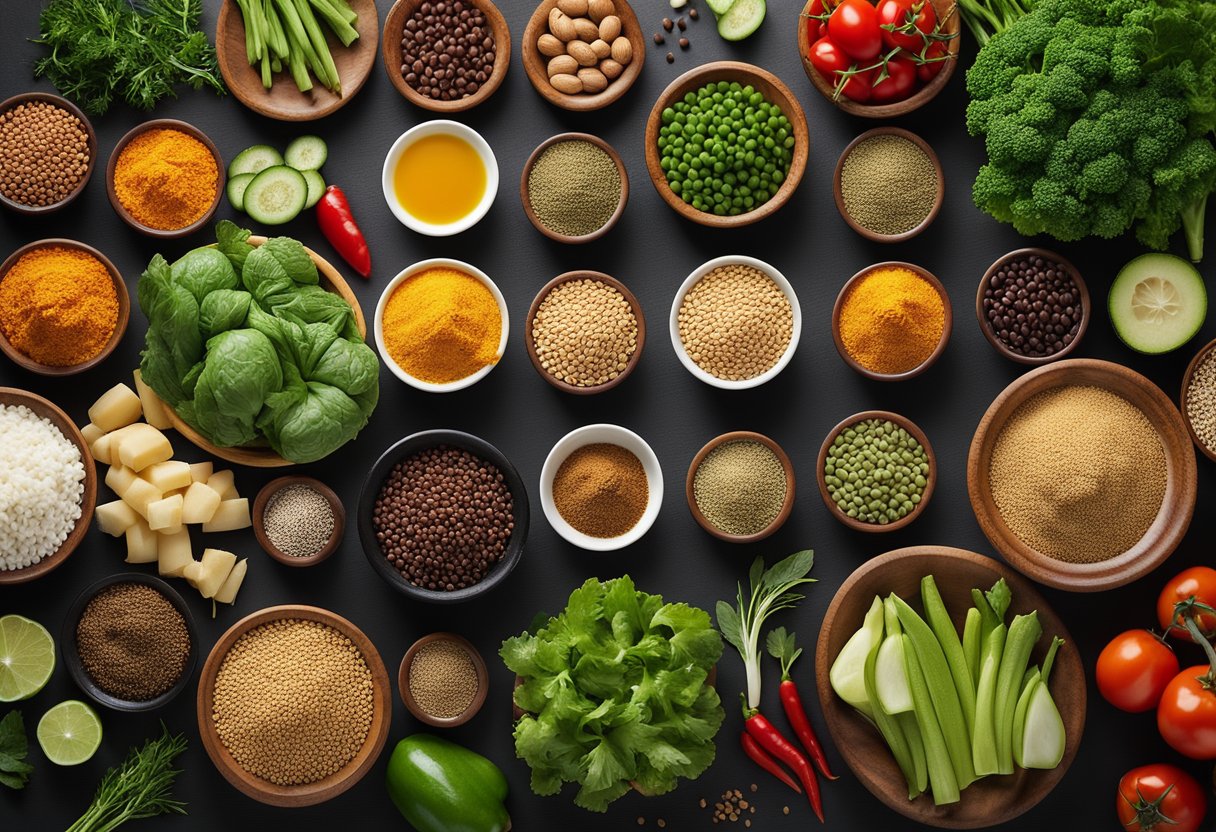 A colorful array of fresh vegetables, grains, and proteins arranged neatly in a bowl, with a variety of spices and seasonings scattered around