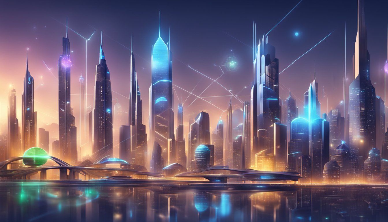 A futuristic city skyline with glowing tech logos and sleek, modern buildings. A network of digital connections and innovative gadgets