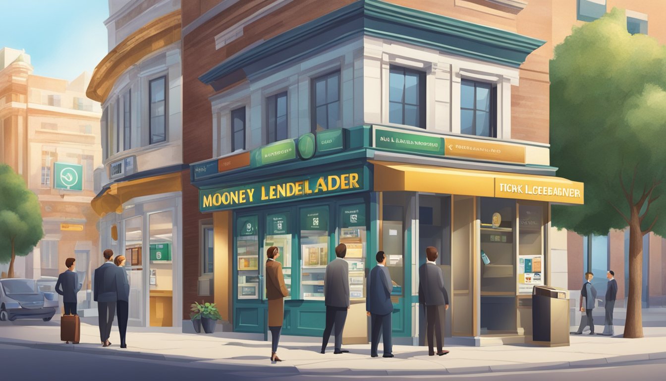 A licensed moneylender and a bank stand side by side, each with their own distinct signage and branding. The moneylender's office is smaller and more intimate, while the bank's building is larger and more imposing