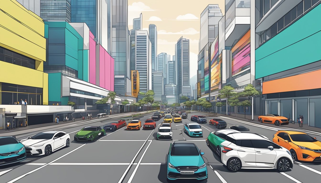 A busy Singapore street lined with various car brands' showrooms and dealerships. Brightly colored logos and sleek car designs fill the bustling urban landscape