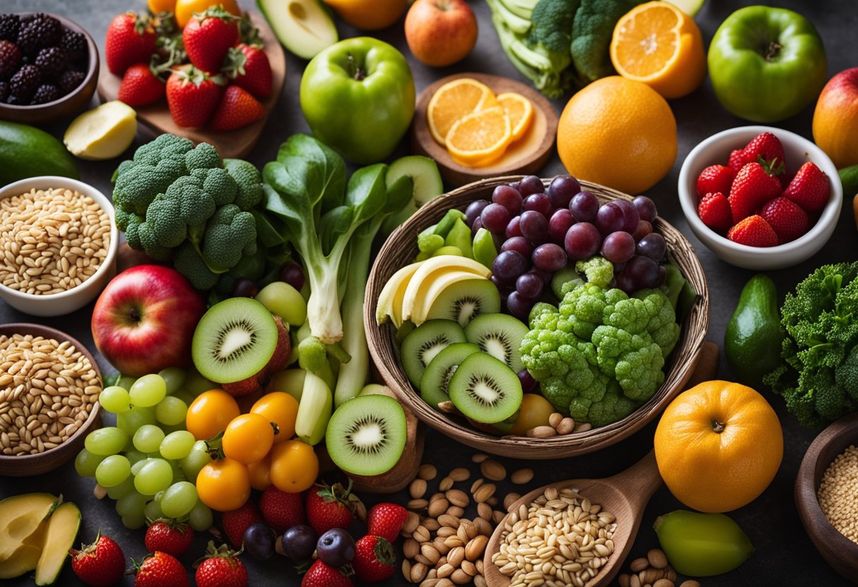 A colorful bowl filled with fresh fruits, vegetables, and grains, representing the seasonal variations of a harvest meal prep