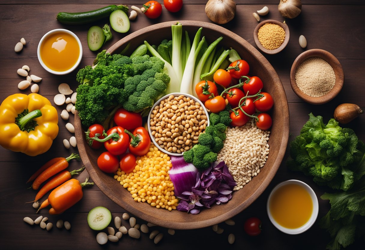 A colorful harvest bowl filled with fresh vegetables, grains, and protein, surrounded by social media icons and trending hashtags