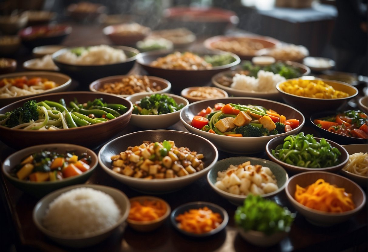 A table filled with colorful and aromatic Chinese Buddhist vegetarian dishes, including stir-fried vegetables, tofu dishes, steamed buns, and savory soups