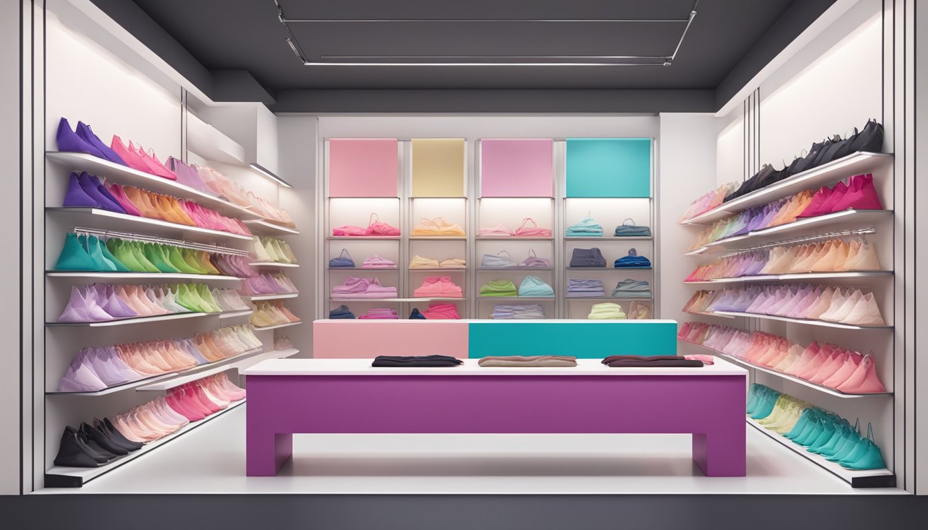 A display of colorful lingerie brands arranged on a sleek, modern shelf in a boutique setting