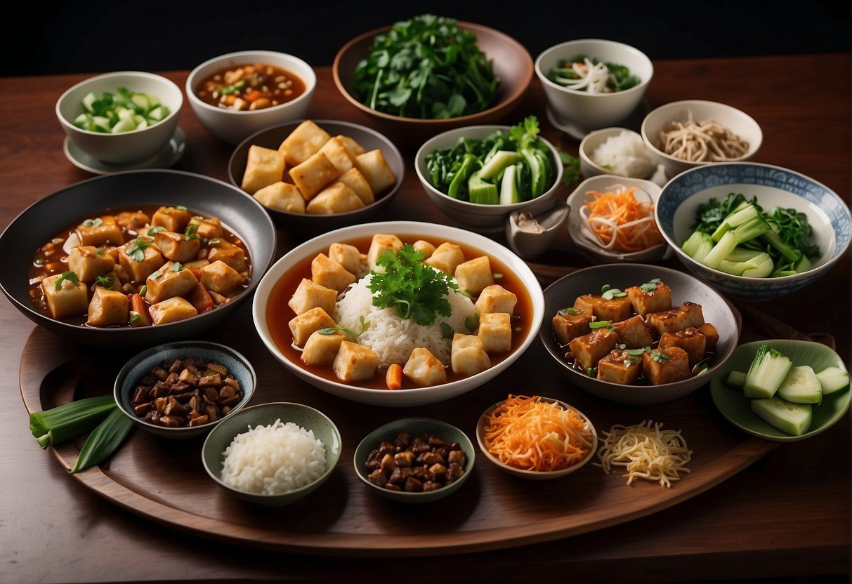 A table spread with 5 Chinese Buddhist vegetarian dishes: Mapo Tofu, Buddha's Delight, Braised Shiitake Mushrooms, Vegetarian Spring Rolls, and Stir-Fried Bok Choy