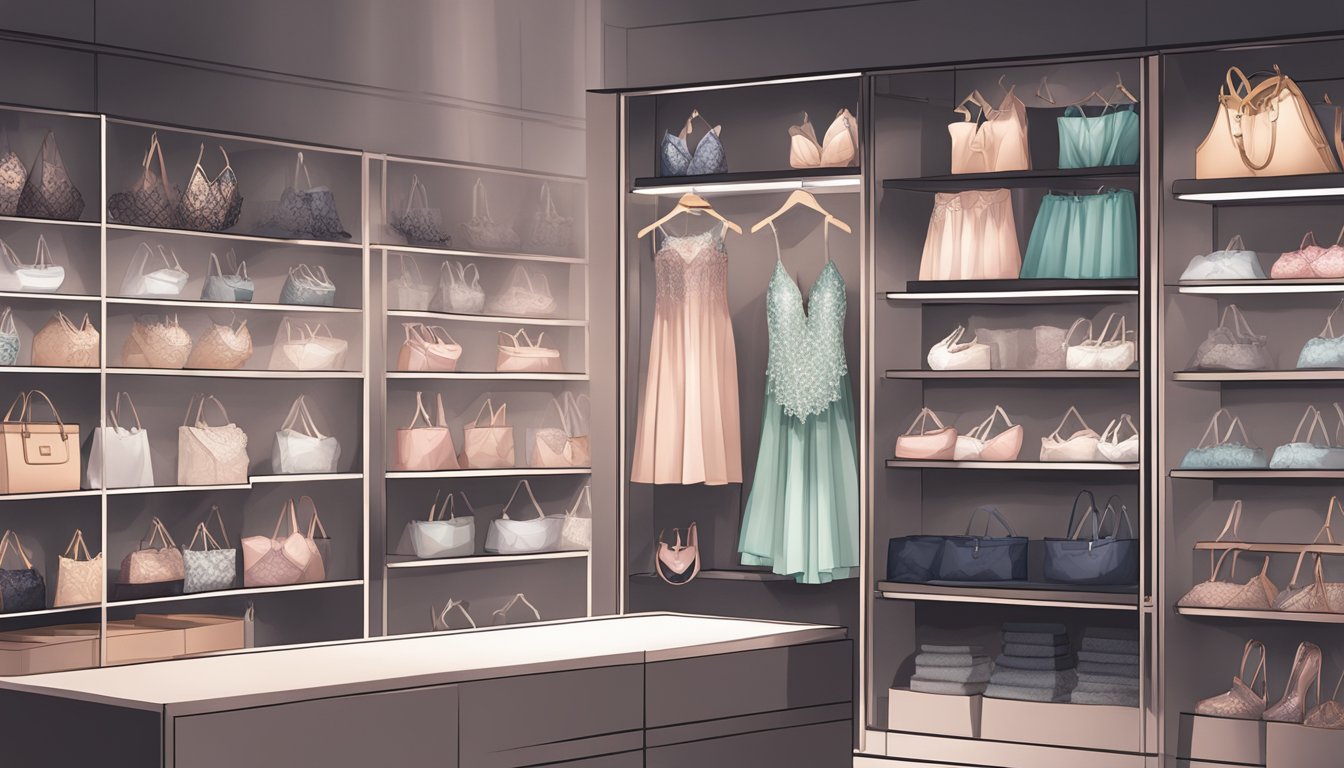 Various types of lingerie displayed on a sleek, modern shelf with soft lighting, showcasing different styles and brands