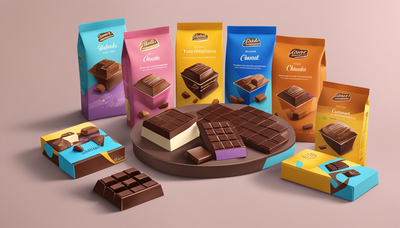 A table displays various chocolate brands in colorful packaging with different flavors and sizes