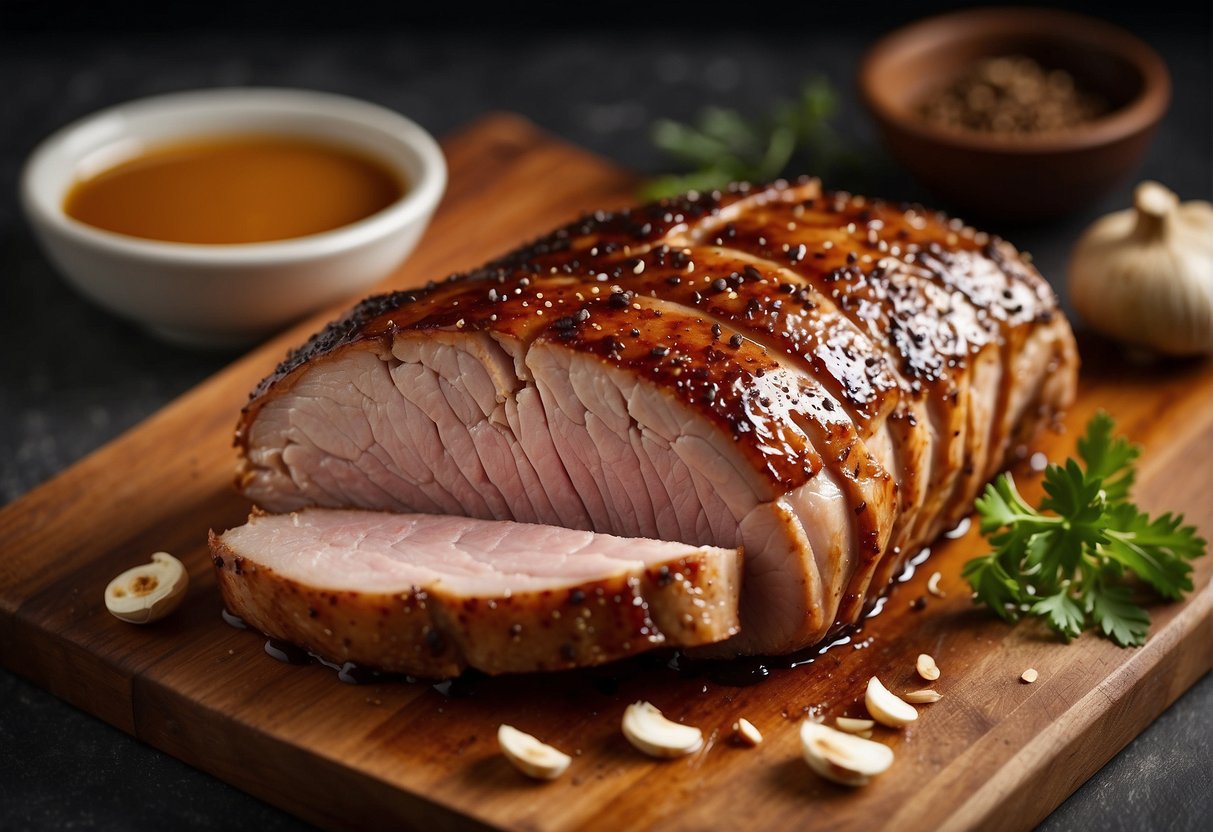A whole pork loin is marinated in a mixture of soy sauce, honey, garlic, and five-spice powder. It is then roasted until the skin is crispy and the meat is tender
