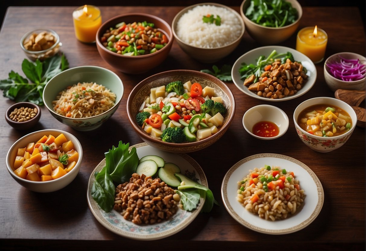 A table with five colorful Chinese Buddhist vegetarian dishes arranged neatly, with a banner reading "Frequently Asked Questions 5 best Chinese Buddhist vegetarian recipes" above it