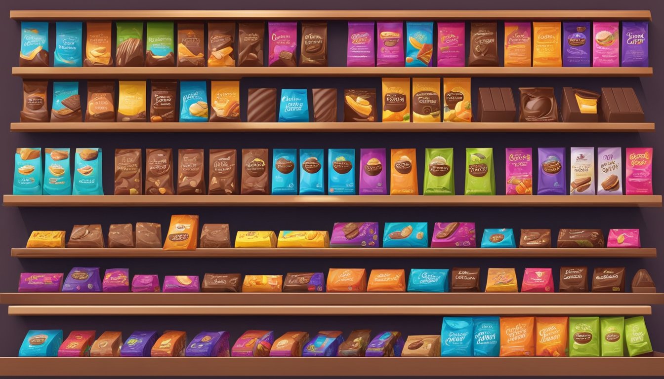 A display of various chocolate brands arranged on shelves in a colorful and inviting manner. The packaging is vibrant and eye-catching, with different flavors and types of chocolate on offer