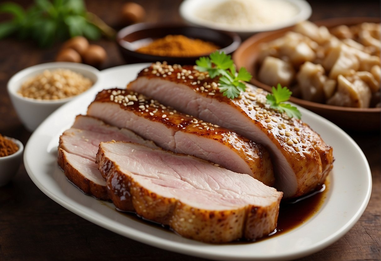 Chinese roast pork loin surrounded by garlic, ginger, soy sauce, honey, and five-spice powder. Substitutes include hoisin sauce, brown sugar, and star anise