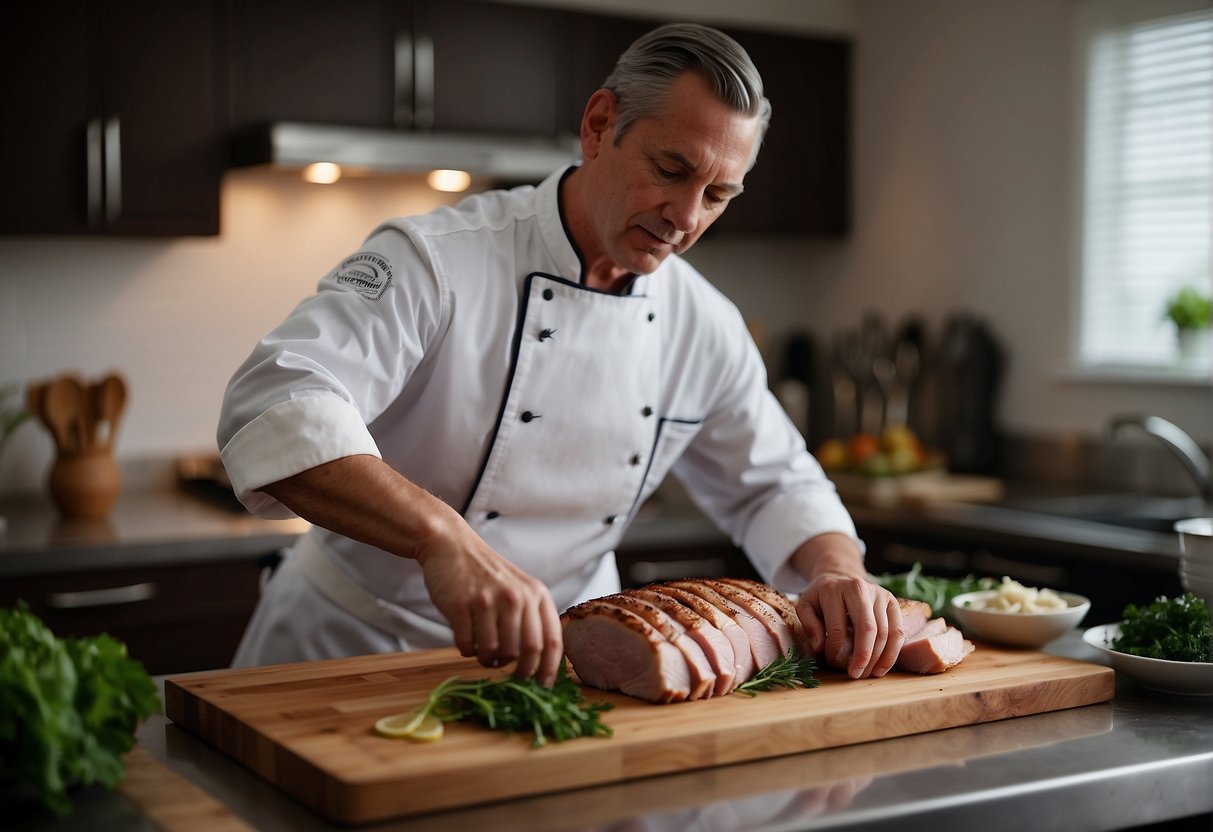 A chef expertly rubs a pork loin with a flavorful marinade, ready for roasting. Ingredients and utensils are neatly arranged on a clean kitchen counter