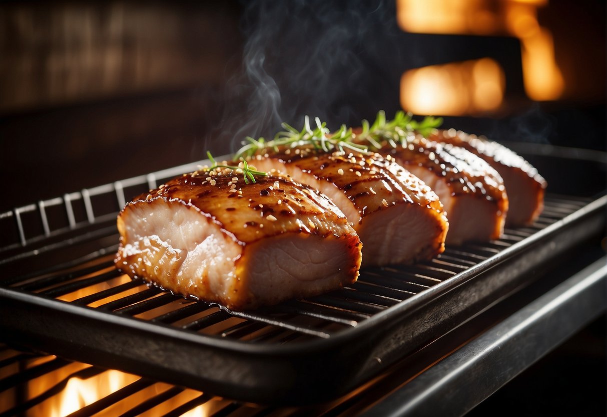 Golden pork loin sizzling on a wire rack in a hot oven. Soy sauce and honey glaze glistening
