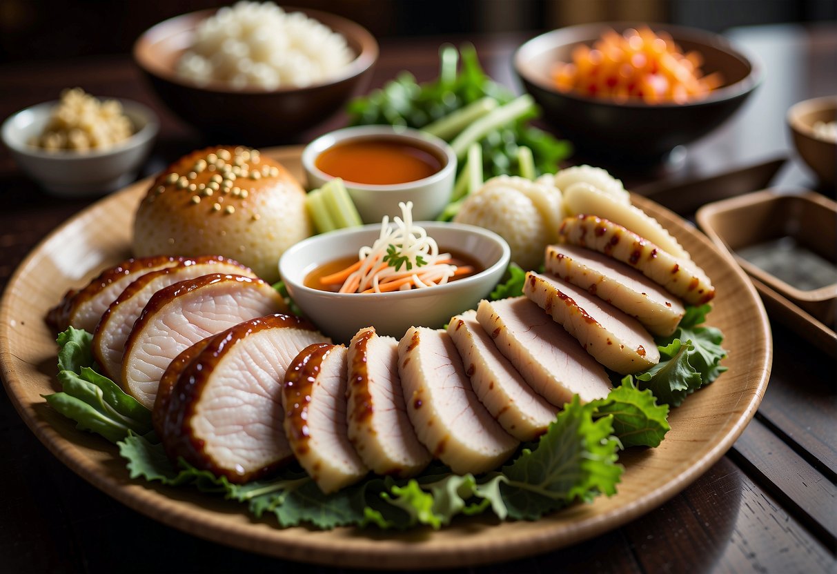 A platter of sliced Chinese roast pork loin with steamed buns, pickled vegetables, and hoisin sauce
