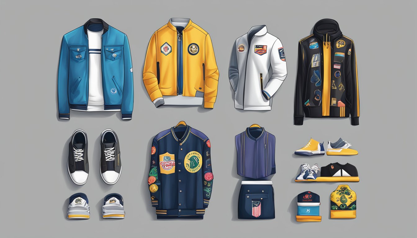 A display of iconic clothing brands, arranged in a stylish and eye-catching manner, showcasing their logos and designs