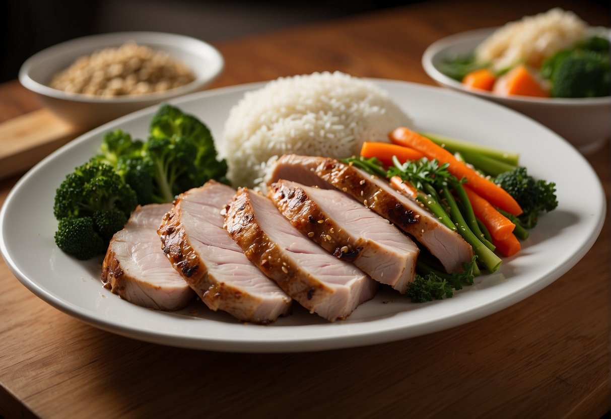 A platter of Chinese roast pork loin with visible seasonings and herbs, accompanied by a side of steamed vegetables and a bowl of rice